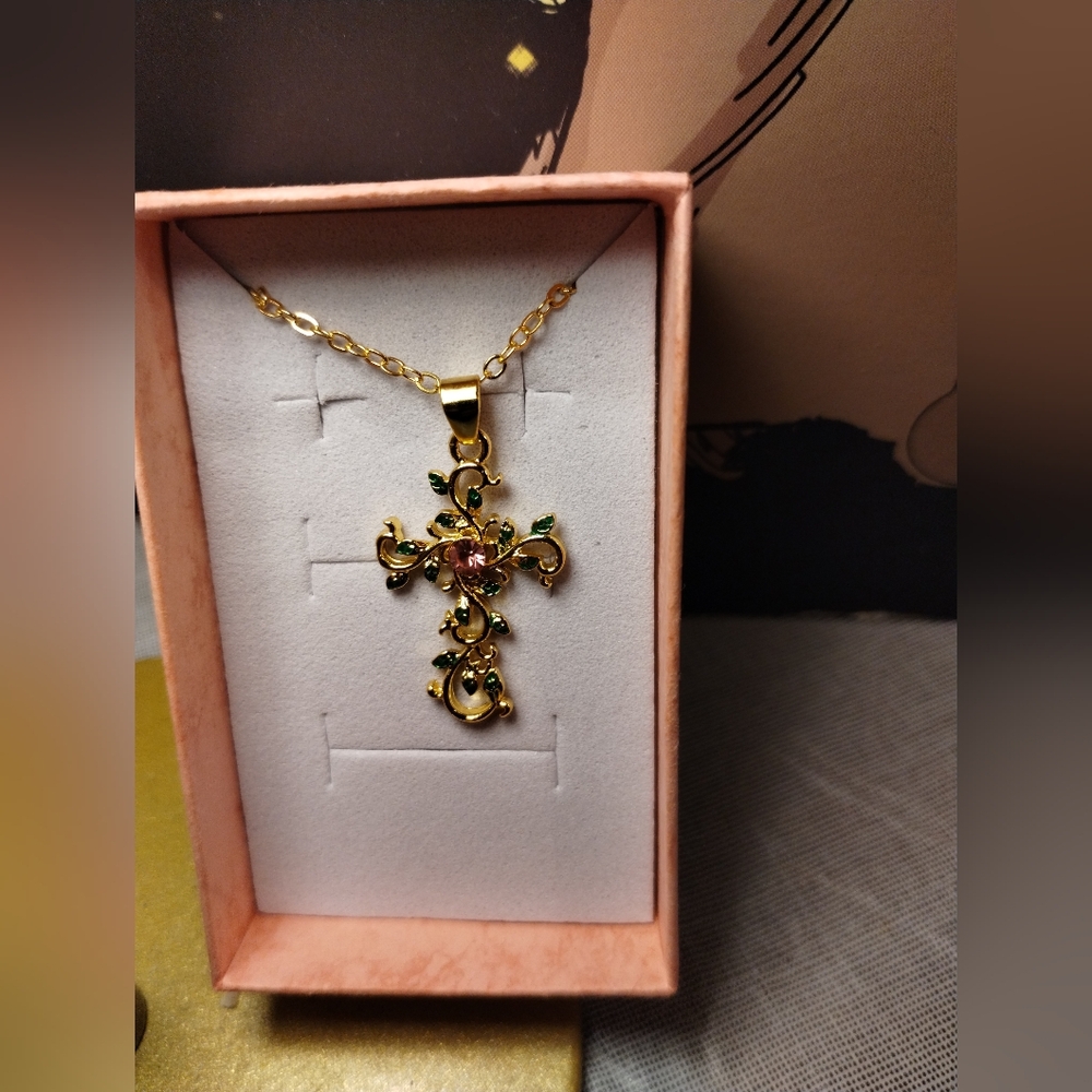 Gold and Green Cross Pendant Necklace